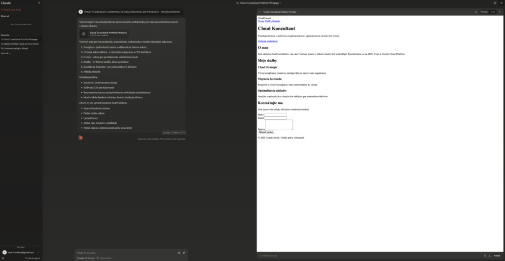 Náhled webu v rozhraní chatbota Claude